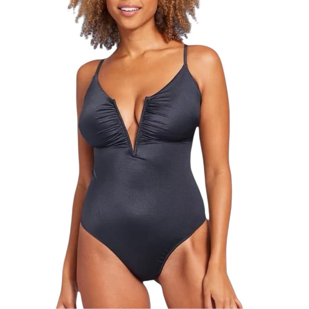 NWT Shade & Shore Black One Piece Swimsuit Womens XL Cheeky High Leg V Wire
